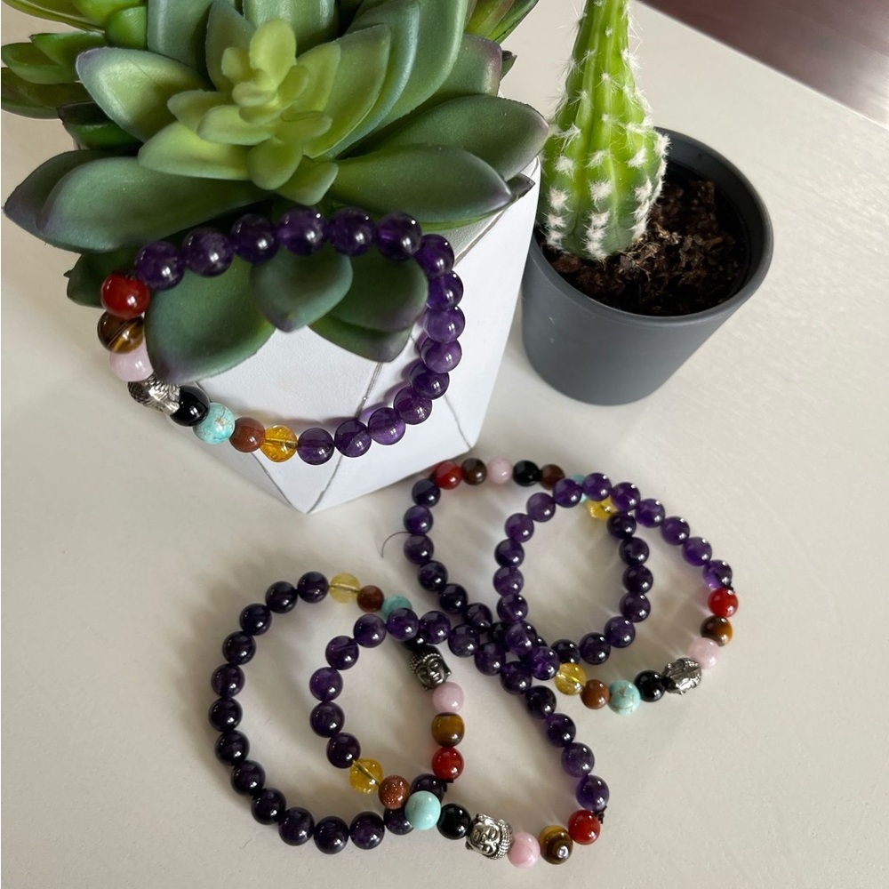 Purple and Red Gemstone Beaded Bracelets with Buddha